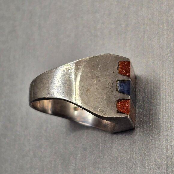 VTG Sterling Silver 925 Lapis & Goldstone Signet Ring Size 9 Inlay 11.39g Mexico - Picture 2 of 9
